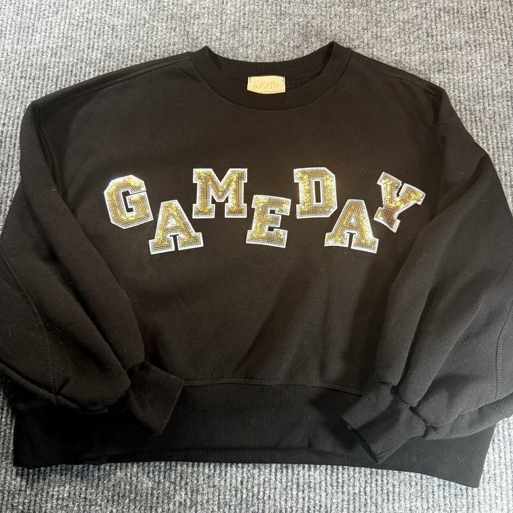 Judith March Gameday Sweatshirt Womens Medium Black Gold Sequin Sports Fan - Picture 2 of 10